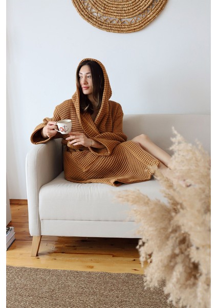 Waffle Yetişkin Bornoz Yumuşak Pike Kumaş Kapşonlu Karamel modelleri