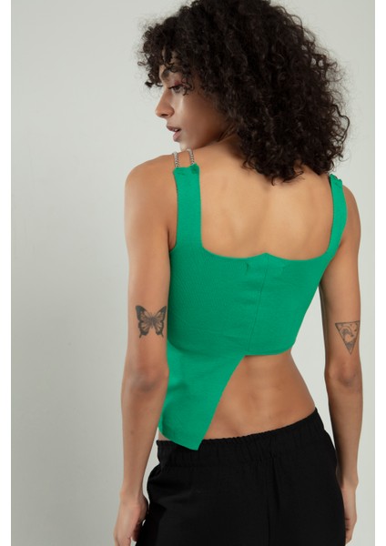 Yeşil Renkli Kadın Spor Omuzdan Zincirli, Kuş Gözü Zincir Bağlamalı Triko Atlet Büstiyer Crop Top indirimleri