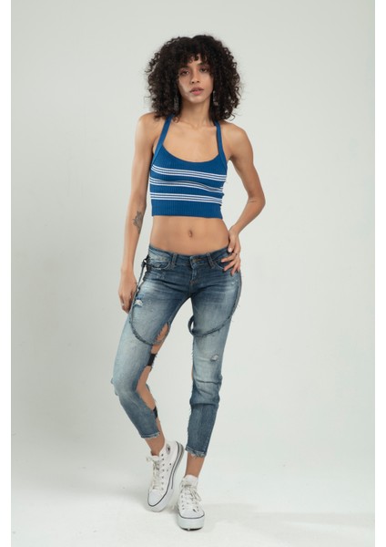 Indigo-beyaz Renkli Kadın Spor Kendinden Askılı Çizğili Fitil Örgülü Triko Badi Büstiyer Crop Top SFYZ1015
