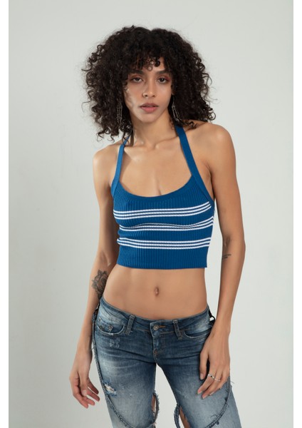 Indigo-beyaz Renkli Kadın Spor Kendinden Askılı Çizğili Fitil Örgülü Triko Badi Büstiyer Crop Top SFYZ1015 fiyatları