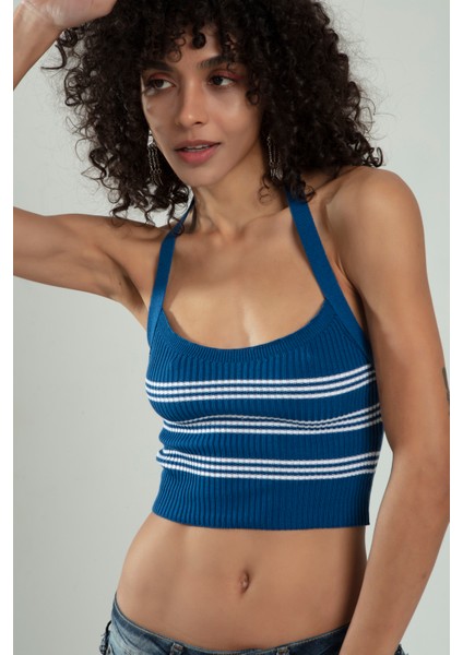 Indigo-beyaz Renkli Kadın Spor Kendinden Askılı Çizğili Fitil Örgülü Triko Badi Büstiyer Crop Top SFYZ1015 modelleri