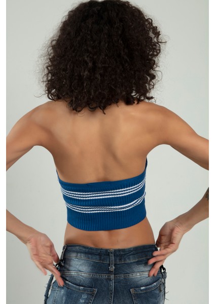Indigo-beyaz Renkli Kadın Spor Kendinden Askılı Çizğili Fitil Örgülü Triko Badi Büstiyer Crop Top SFYZ1015 indirimleri