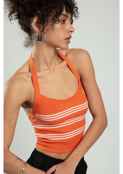 Turuncu-beyaz Renkli Kadın Spor Kendinden Askılı Çizgili Fitil Örgülü Triko Badi Büstiyer Crop Top SFYZ1015
