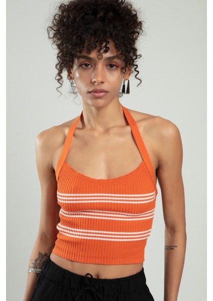 Turuncu-beyaz Renkli Kadın Spor Kendinden Askılı Çizgili Fitil Örgülü Triko Badi Büstiyer Crop Top SFYZ1015 modelleri