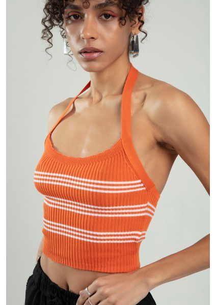 Turuncu-beyaz Renkli Kadın Spor Kendinden Askılı Çizgili Fitil Örgülü Triko Badi Büstiyer Crop Top SFYZ1015 fırsatları