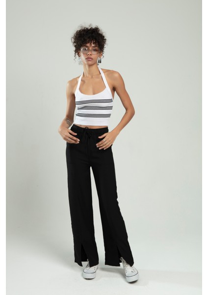 Siyah-beyaz Renkli Kadın Spor Kendinden Askılı Çizğili Fitil Örgülü Triko Badi Büstiyer Crop Top SFYZ1015 fiyatları