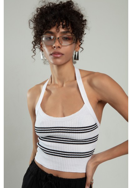 Siyah-beyaz Renkli Kadın Spor Kendinden Askılı Çizğili Fitil Örgülü Triko Badi Büstiyer Crop Top SFYZ1015 fırsatları