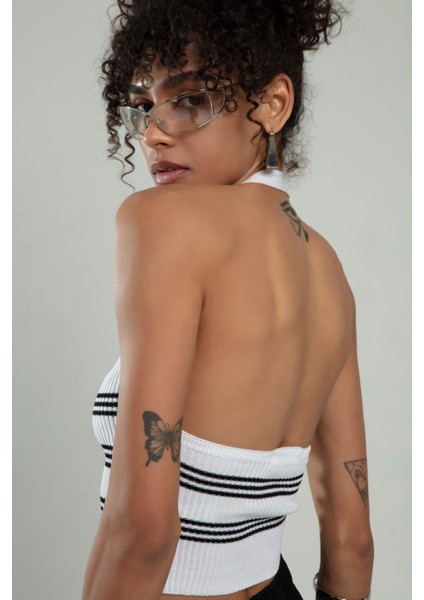 Siyah-beyaz Renkli Kadın Spor Kendinden Askılı Çizğili Fitil Örgülü Triko Badi Büstiyer Crop Top SFYZ1015 indirimleri