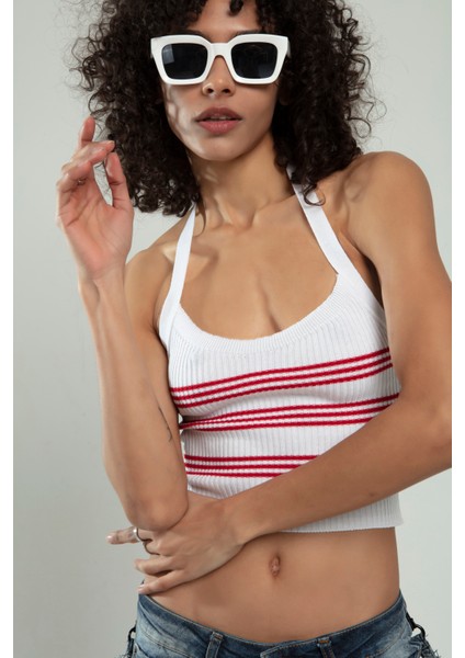 Kırmızı-beyaz Renkli Kadın Spor Kendinden Askılı Çizğili Fitil Örgülü Triko Badi Büstiyer Crop Top SFYZ1015 modelleri