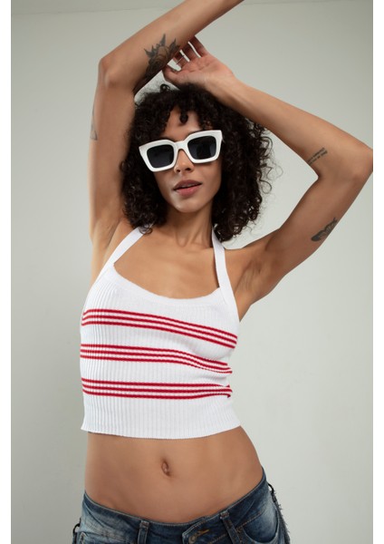Kırmızı-beyaz Renkli Kadın Spor Kendinden Askılı Çizğili Fitil Örgülü Triko Badi Büstiyer Crop Top SFYZ1015 fırsatları