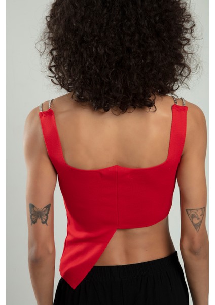KIRMIZI RENKLİ KADIN SPOR OMUZDAN ZİNCİRLİ KUŞ GÖZÜ ZİNCİR BAĞLAMALI TRİKO ATLET BÜSTİYER CROP TOP indirimleri