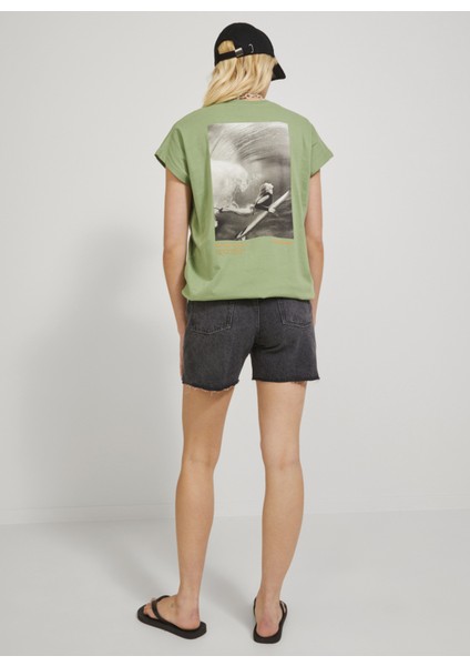 Bisiklet Yaka Baskılı Haki Kadın T-Shirt 12234665