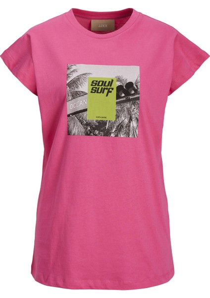 Bisiklet Yaka Baskılı Pembe Kadın T-Shirt 12234665
