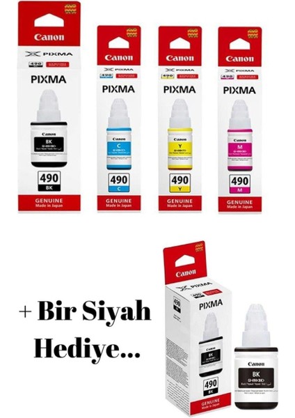 GI490 Pixma G2400 4 Renk Orjinal Mürekkep Seti + 1 Siyah Hediye GI-490 050 Canon GI-490