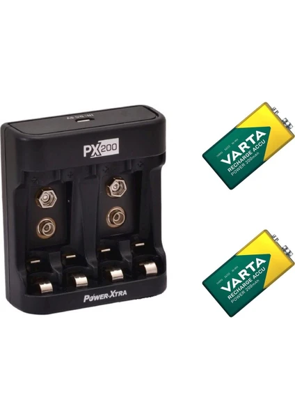 2 Adet Varta 9V Şarjlı Pil + PX200 A-Aaa ve 9V USB Pil Şarj Cihazı PX-200