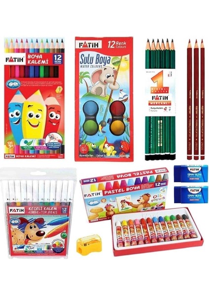 Fatihkırtasiye Fatih 12'li Kuru Boya - Pastel - Keçeli - Sulu - Mercan Kalem 3 Adet Kırmızı Kalem 2 Adet Silgi