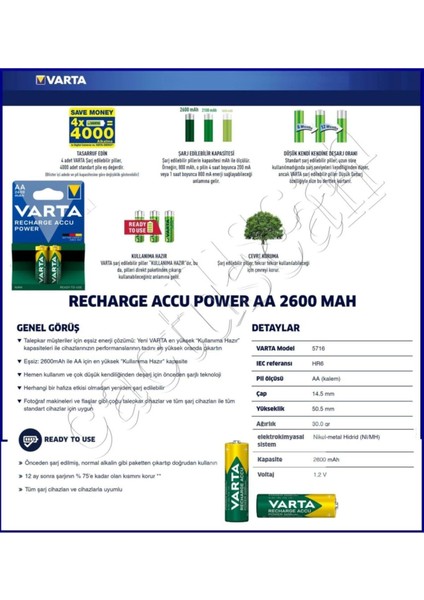 4 Adet 2600MAH Ni-Mh Ready To Use Aa Şarjlı Kalem Pil Yüksek Verimlilik Varta 2600-4