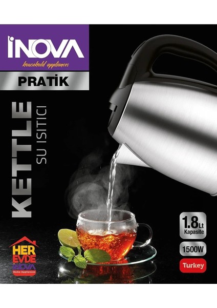 Inova Pratik Paslanmaz Çelik Kettle Su Isıtıcısı 360 Dönebilen Gövde Pratik