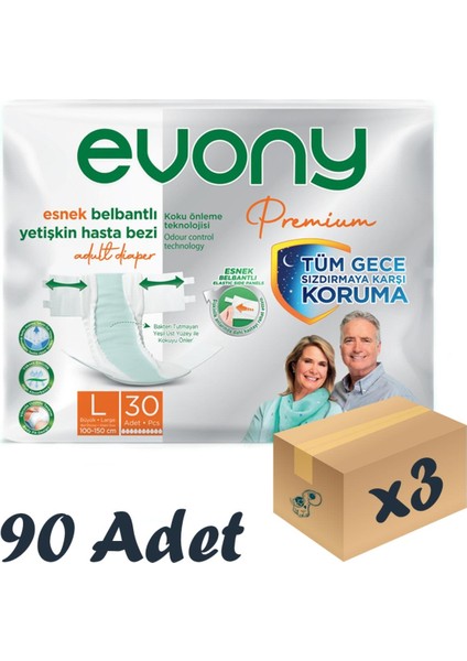 Premium Esnek Belbantlı Yetişkin Hasta Bezi Large 30’Lu 3 Paket 90 Adet