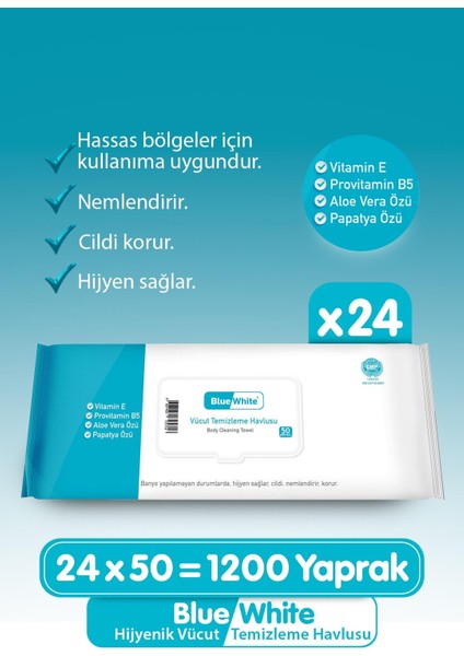 Bluewhite Blue White Yetişkin Hasta Vücut Temizleme Mendil-Havlusu (24 Lü Set) 50 Yaprak Hijyenik