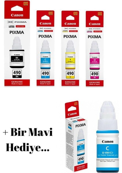 GI490 Pixma G4411 4 Renk Orjinal Mürekkep Seti + 1 Mavi Hediye GI-490 120 1- A1 673 112 101 103 664