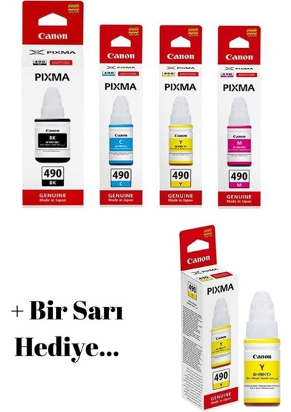 GI490 Pixma G1400 4 Renk Orjinal Mürekkep Seti + 1 Sarı Hediye GI-490 196 1- A1 673 112 101 103 664