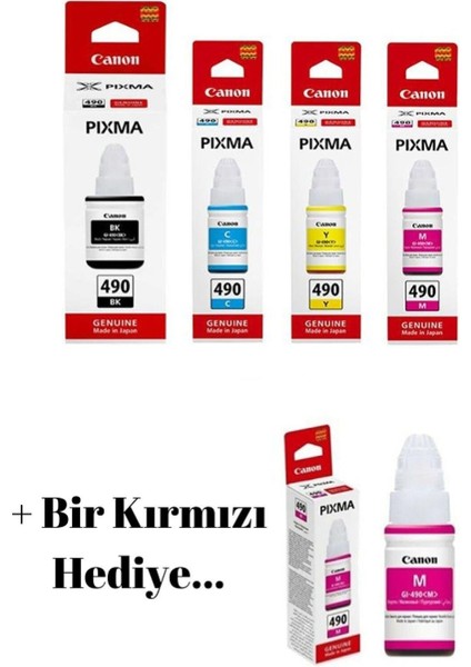 GI490 Pixma G3411 4 Renk Orjinal Mürekkep Seti + 1 Kırmızı Hediye GI-490 266 Canon GI-490