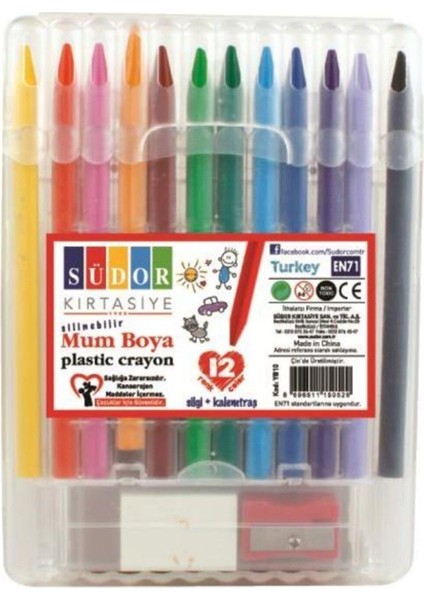 Plastik Kutulu 12 Renk Mum Boya + Silgi + Kalemtraş