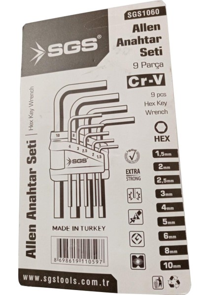 Sgs Allen (Alyan) Anahtar Seti 9 Parça Cr-V SGS1060 modelleri