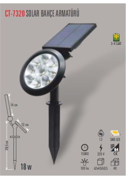 CT-7320 18W Solar Bahçe Armatürü Amber