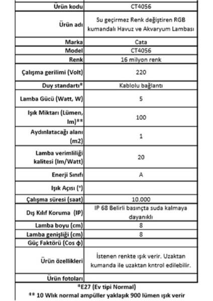 Ct - 4056 Akvaryum ve Havuz Aydınlatma Lambası Rgb Uzaktan Kumandalı / 16 Renk / Su Geçirmez