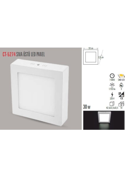 CT-5274 30W/6400K Alm. S.ü LED Armatür Kare (Beyaz)
