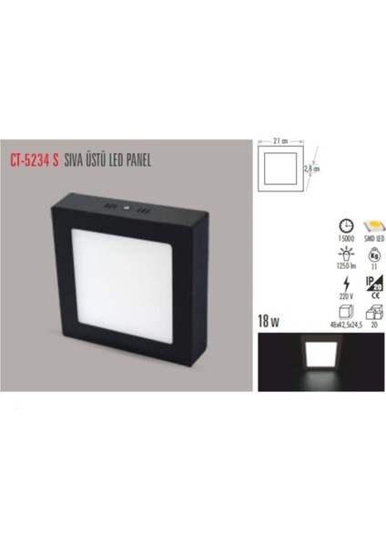CT-5234 18W/6400K Alm. S.ü LED Armatür Kare (Siyah Kasa) Beyaz CT-5234B