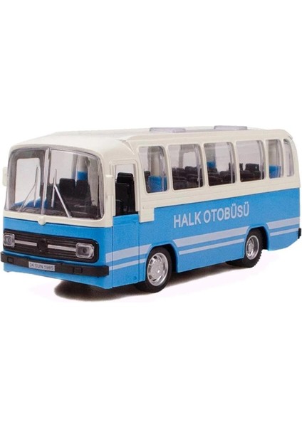 Oyuncak Metal Halk Otobüsü Pilli Sesli Işıklı Çek Bırak Özellikli Mavi Halk Otobüsü 15 cm