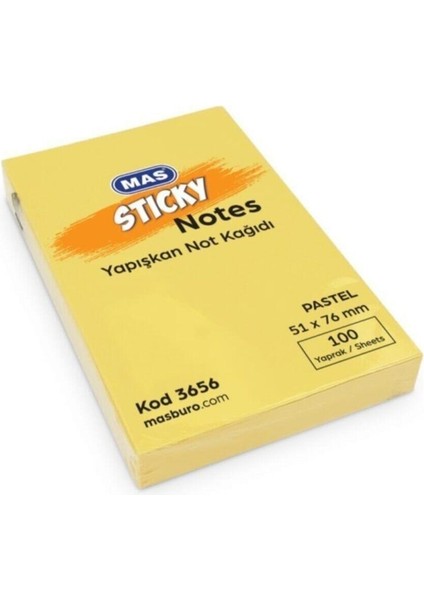 Mas Yapışkanlı Not Kağıdı 100 Sayfa 51X76MM Pastel Sarı 3656 (12 Koçan)