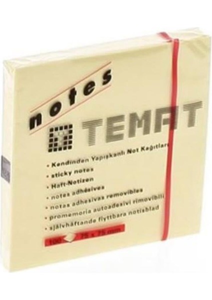 Temat Yapışkanlı Not Kağıdı 75X75 mm Pastel Sarı (12 Li Paket)