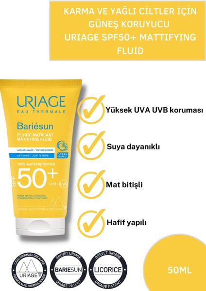 Bariesun MAT Fluid Spf 50+ 50 ml Karma ve Yağlı Ciltler için Yüksek korumalı Güneş Kremi Spf 50+