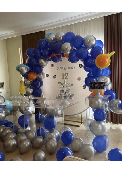 50 Adet Metalik Mavi ve Gümüş Balon + 5 mt Balon Zinciri