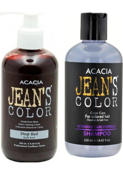 Acacia Jeans Color Boya Koruyucu Şampuan 250 ml ve Renkli Saç Boyası Koyu Kızıl 250 ml