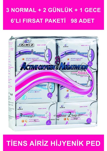 Airiz Hijyenik Kadın Pedi 6'lı Paket 98 Adet (60 Günlük 30 Gündüz 8 Gece) fiyatları