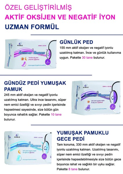 Airiz Hijyenik Kadın Pedi 6'lı Paket 98 Adet (60 Günlük 30 Gündüz 8 Gece) modelleri