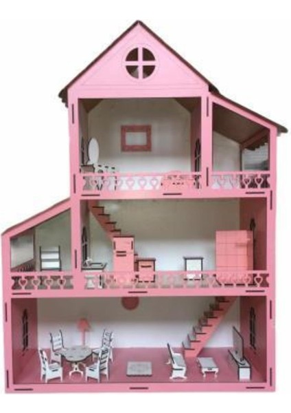 Işıklı Ahşap Barbie Bebek Oyun Evi Eşyalar Dahil Isim Yazılır