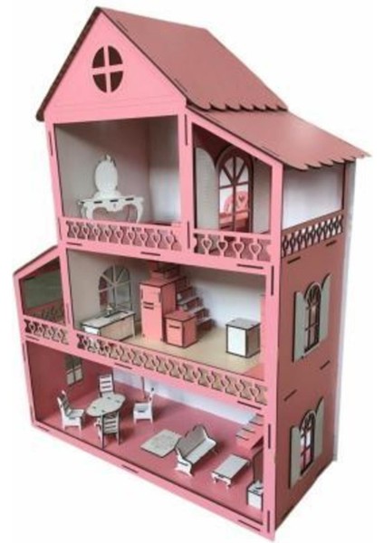 Işıklı Ahşap Barbie Bebek Oyun Evi Eşyalar Dahil Isim Yazılır