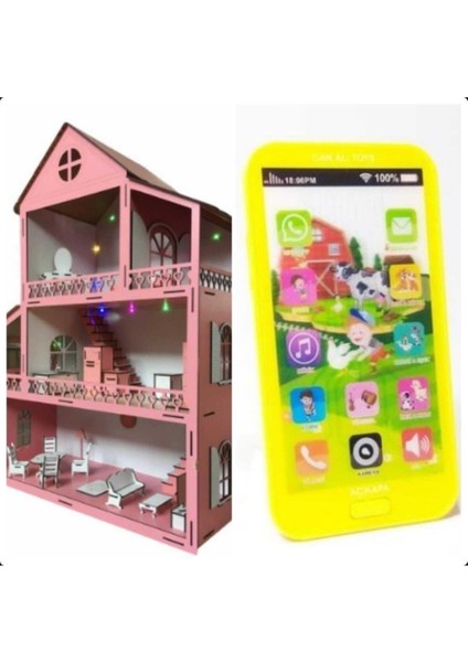 Ahşap Oyun Evi 80CM 21 Eşya Pembe Işıklı Sarı Telefonlu Ahşap Oyun Ev 80CM 21