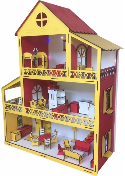 Ahşap Oyun Evi 80CM 27 Eşya Sarı-Kırmızı LED Işıklı Isim Yazılır Belinay 80CM 27
