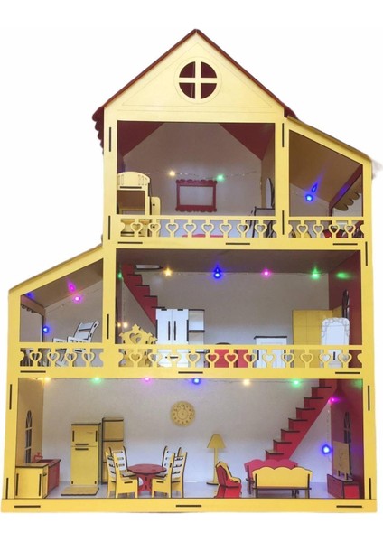 Ahşap Oyun Evi 80CM 27 Eşya Sarı-Kırmızı LED Işıklı Isim Yazılır Belinay 80CM 27 fiyatları