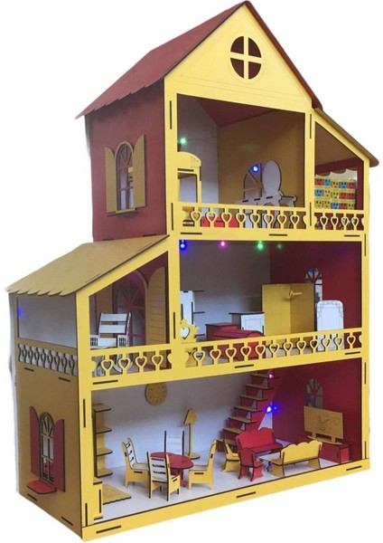 Ahşap Oyun Evi 80CM 27 Eşya Sarı-Kırmızı LED Işıklı Isim Yazılır Belinay 80CM 27 modelleri