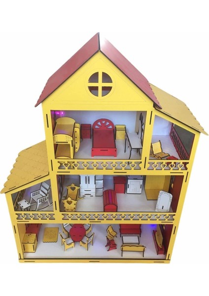 Ahşap Oyun Evi 80CM 27 Eşya Sarı-Kırmızı LED Işıklı Isim Yazılır Belinay 80CM 27 fırsatları