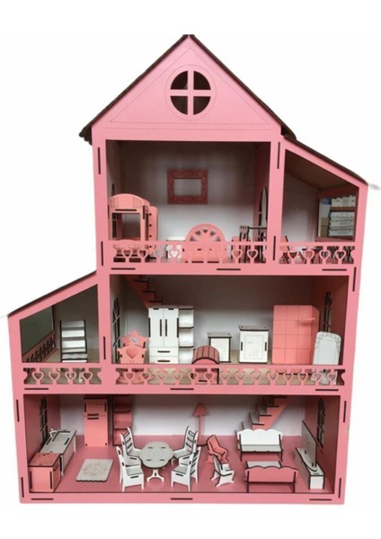 Ahşap Oyun Evi 80CM 36 Eşya Pembe Isim Yazılır Belinay 80CM 36