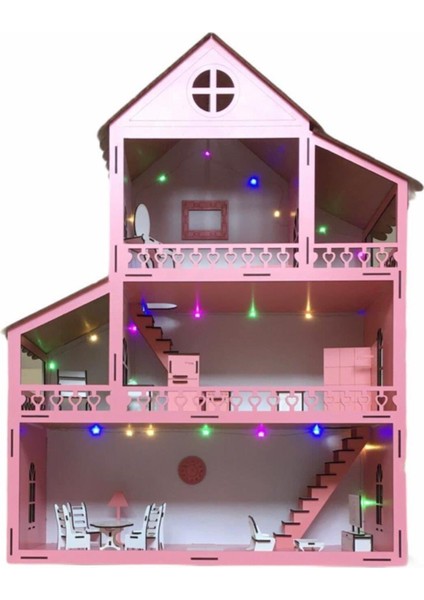 Işıklı Ahşap Barbie Bebek Oyun Evi Eşyalar Dahil Isim Yazılır Belinay 80CM 21 Eşya LED